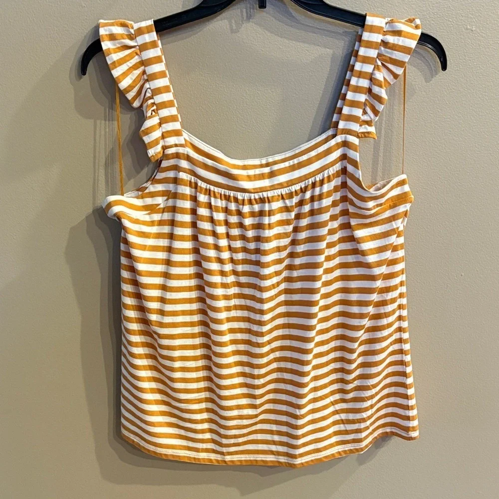 NWT Michael Kors yellow gold White Striped Tank Top cotton ruffle tank straps L
